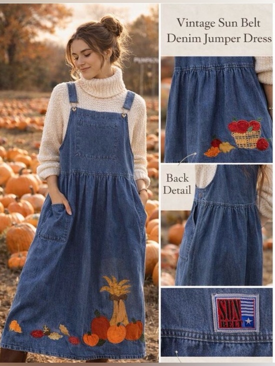 Sun Belt Dresses & Skirts - Vintage Sun Belt Denim Fall Applique Jumper Dress L